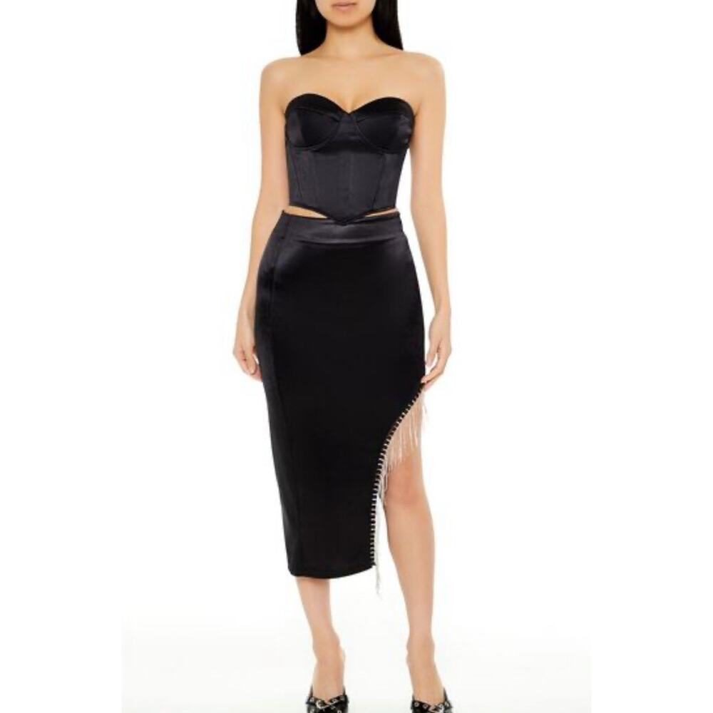 NWT Forever 21 Midi Slit Black Skirt Embellished With Rhinestone Size XS